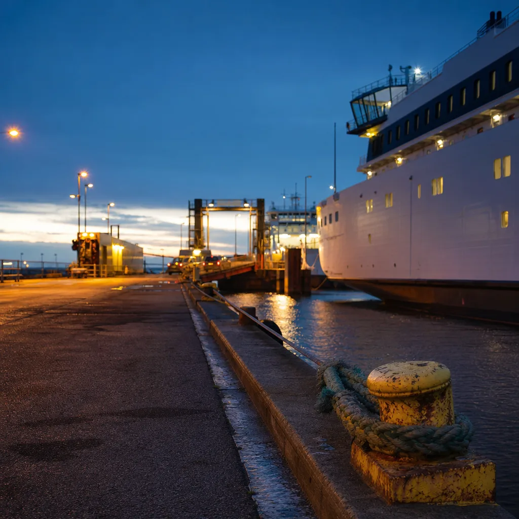 Färjeterminal i skymning