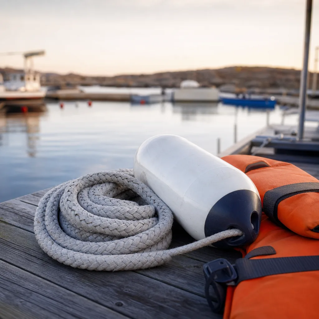 Marinutrustning på ett trädäck
